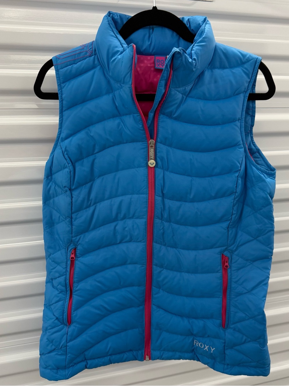 Roxy Bright Blue Quilted Puffer Vest with Pink Trim